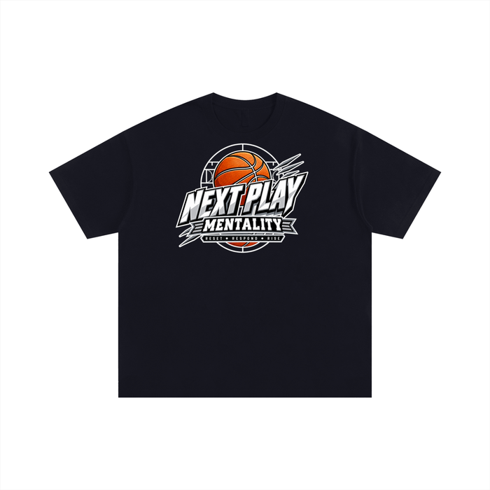 Black oversized Next Play Mentality basketball fundraiser T-shirt, front view