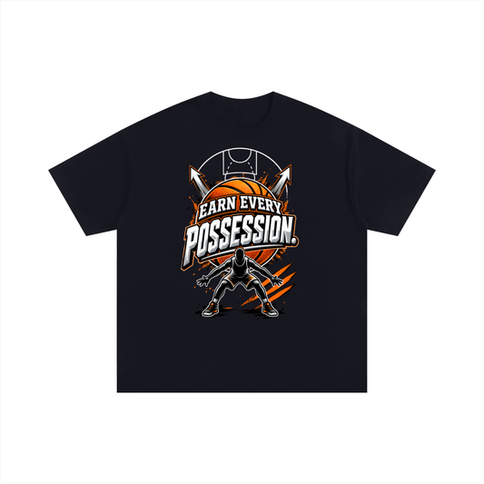Black oversized Earn Every Possession basketball fundraiser T-shirt, front view