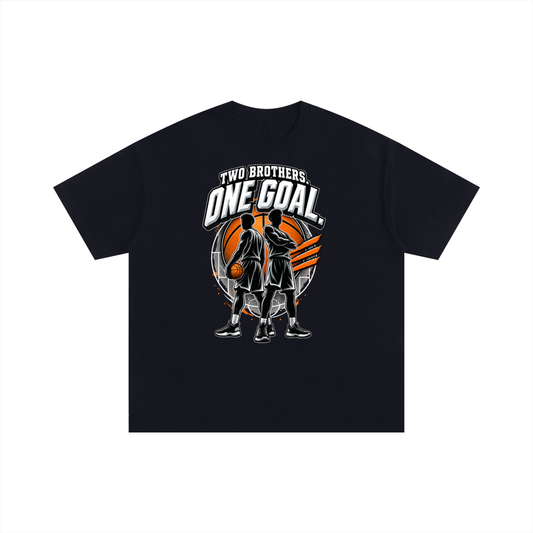 Black oversized Two Brothers One Goal basketball fundraiser T-shirt, front view