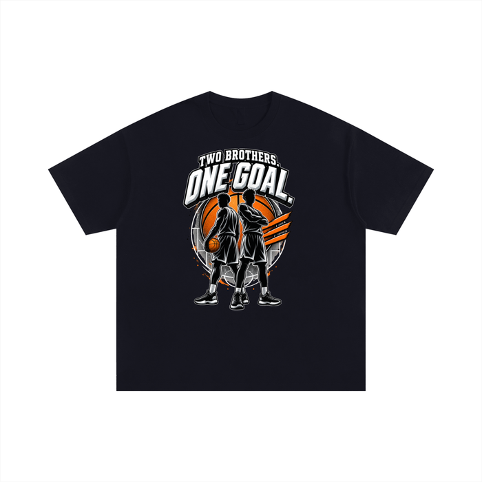 Black oversized Two Brothers One Goal basketball fundraiser T-shirt, front view